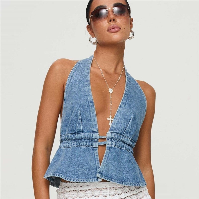 Denim Sleeveless Backless Halter Tie Top