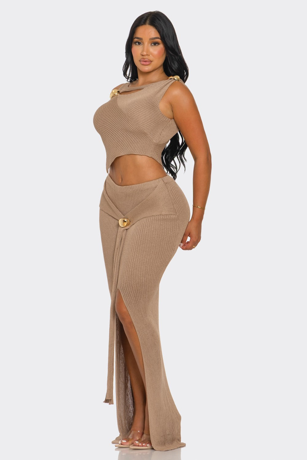 Off Shoulder Crop Top & High-slit Maxi Set