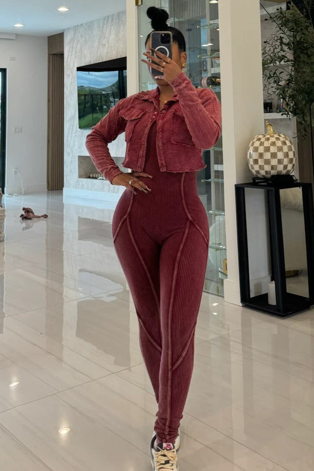 Mineral Wash Jumpsuit And Crop Jacket Set