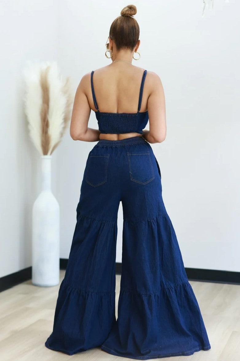 Denim Crop Top Pants Set