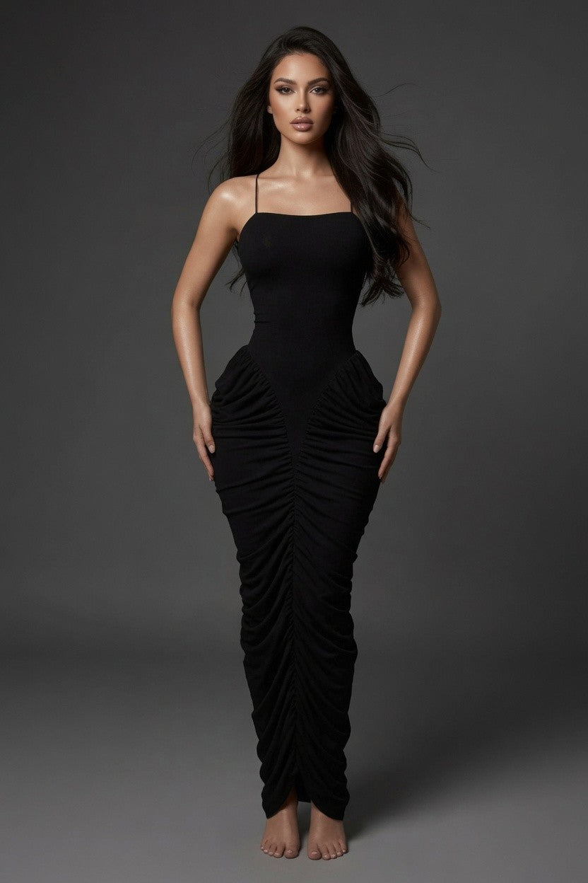 Ruched Knit Lace Up Back Maxi Dress