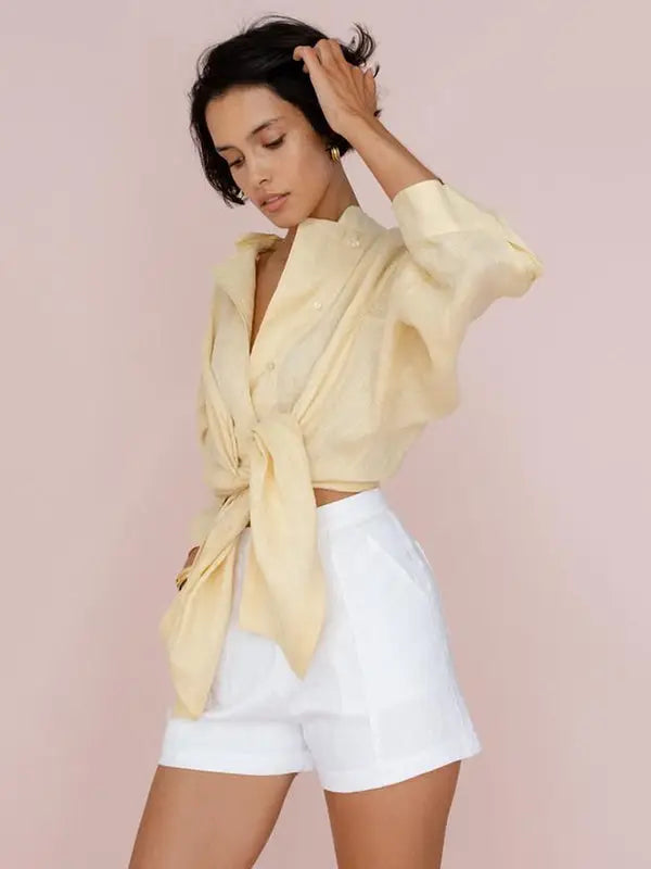 Split-Front Solid Notched Collar Long Sleeve Blouse