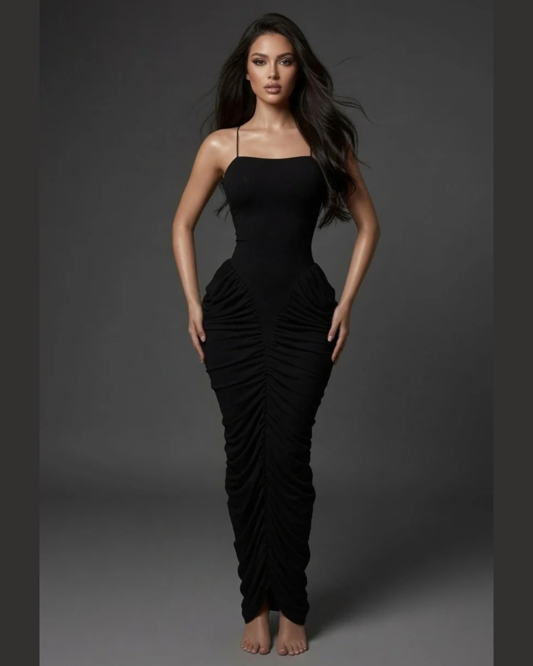 Ruched Knit Lace Up Back Maxi Dress