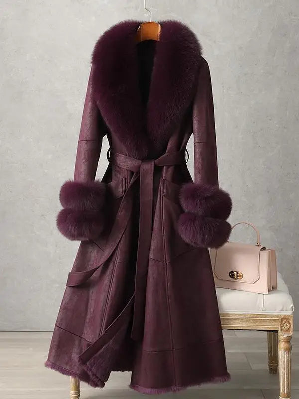 Mid-Length Faux Fur Coat with Fox Fur Collar