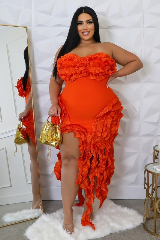 BANDAGE RUFFLE BUSTIER DRESS