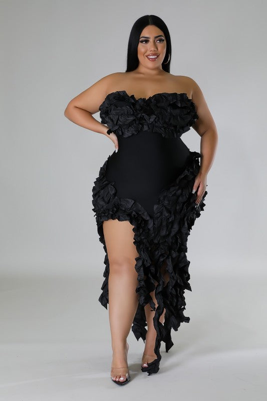 BANDAGE RUFFLE BUSTIER DRESS