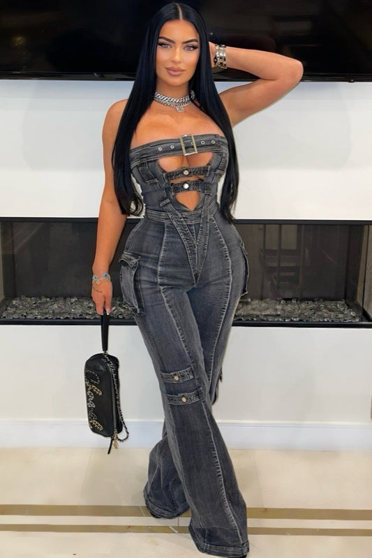 Strapless Wide Leg Denim Jumpsuits