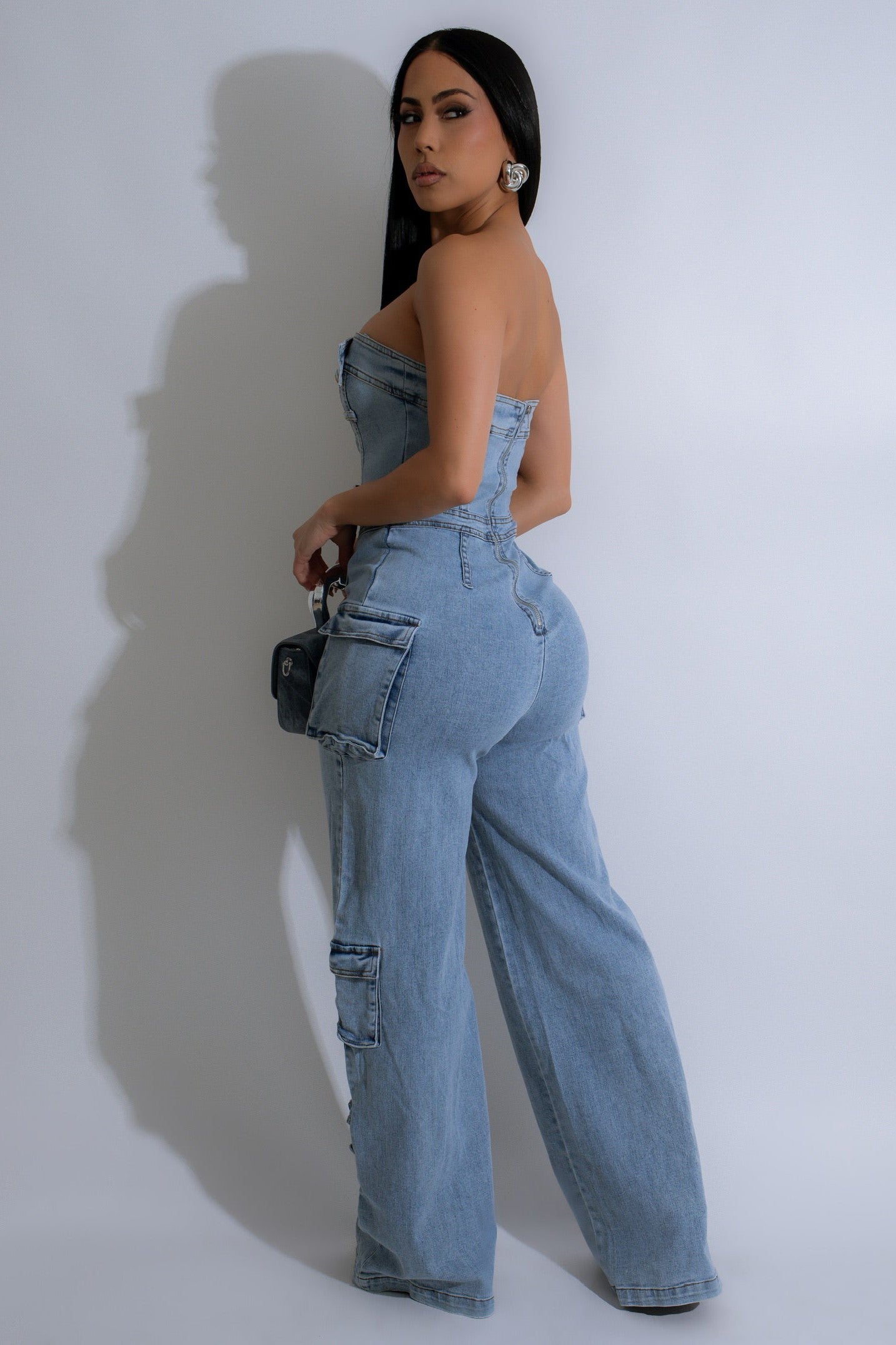 Strapless Wide Leg Denim Jumpsuits