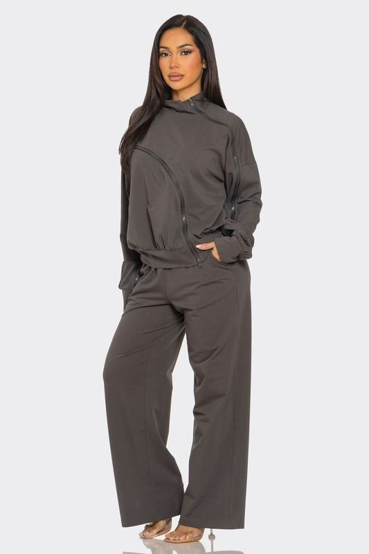 Zipper Baggy Pants Set