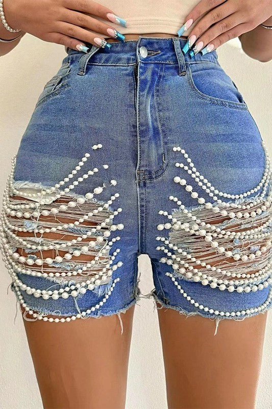 Pearls Fringes Denim Shorts