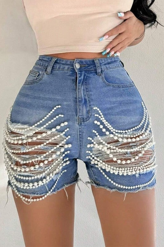Pearls Fringes Denim Shorts