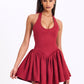 Hadara Burgundy Suede Halter Mini Full Dress - Chic by Taj