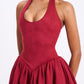 Hadara Burgundy Suede Halter Mini Full Dress - Chic by Taj
