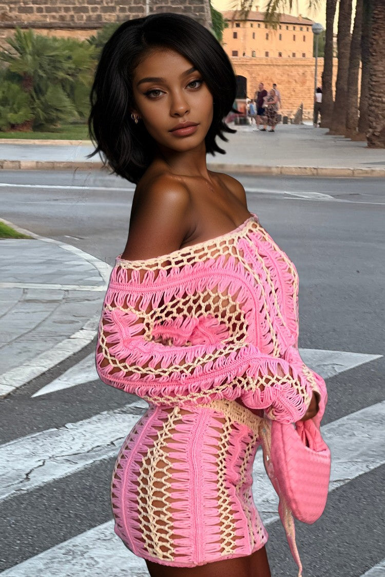 Color Block Crochet Top And Mini Skirt Set