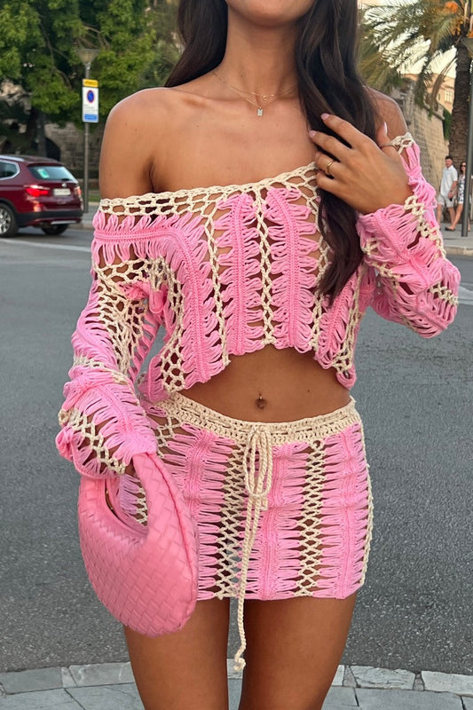 Color Block Crochet Top And Mini Skirt Set