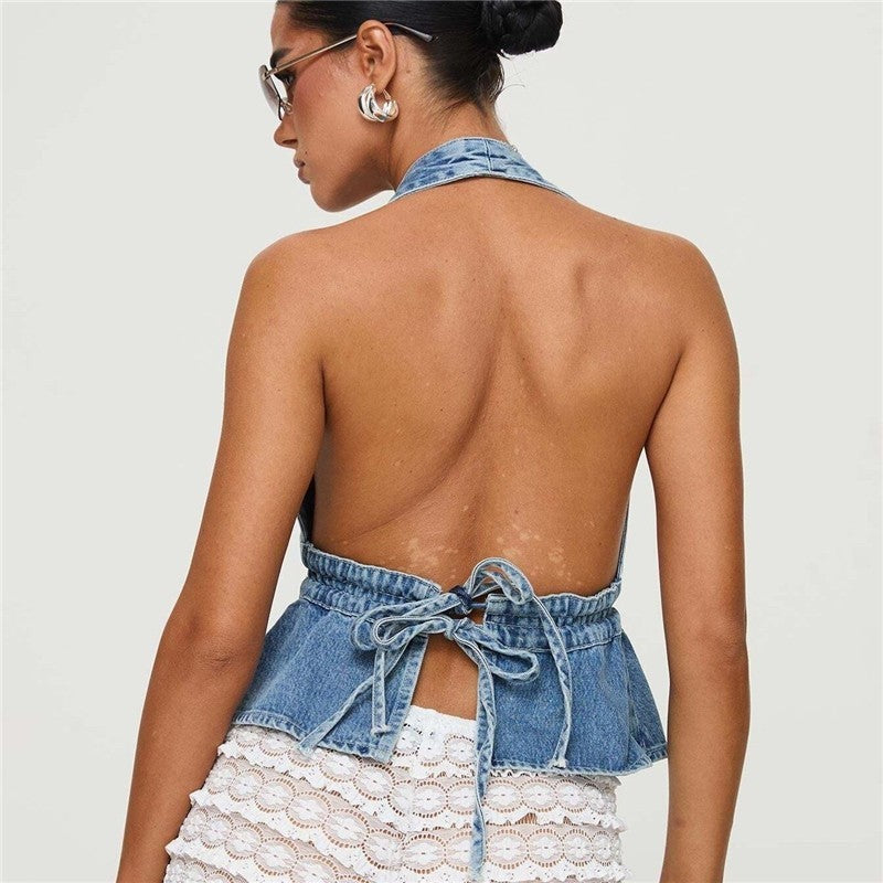 Denim Sleeveless Backless Halter Tie Top