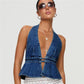 Denim Sleeveless Backless Halter Tie Top - Chic by Taj