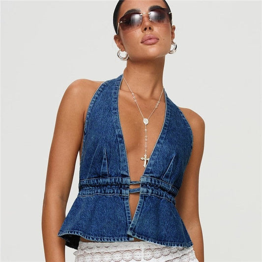 Denim Sleeveless Backless Halter Tie Top