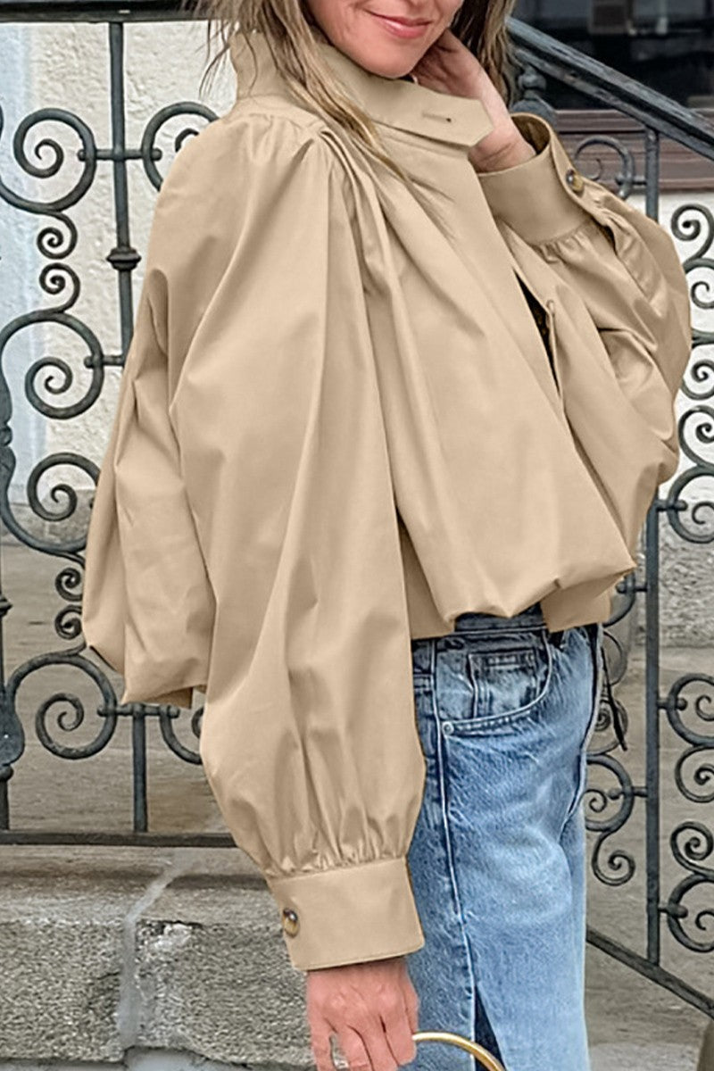 Pleated Stand Collar Crop Ruched Barn Jackets