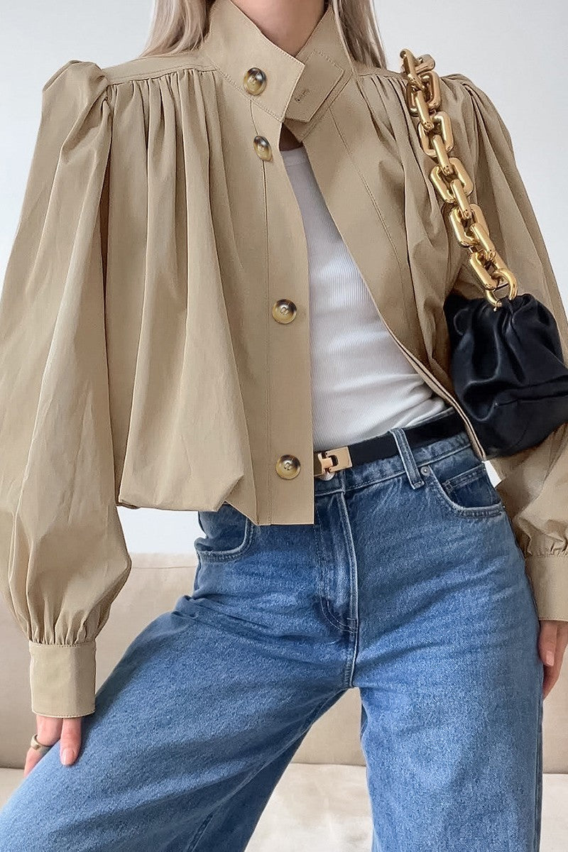 Pleated Stand Collar Crop Ruched Barn Jackets