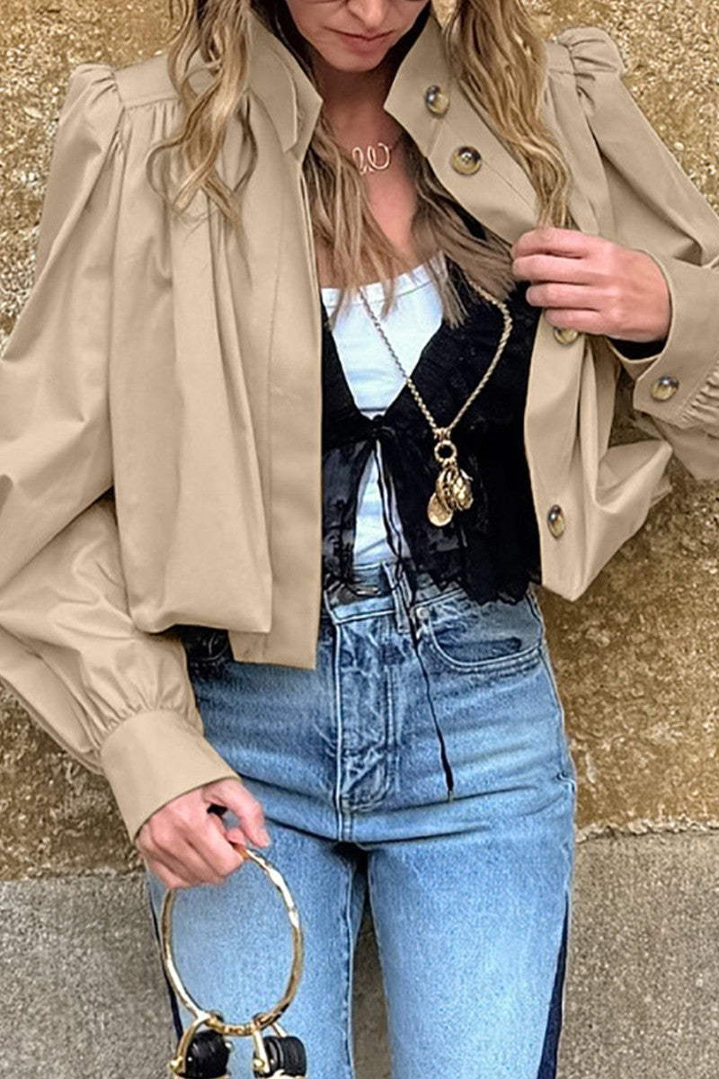 Pleated Stand Collar Crop Ruched Barn Jackets