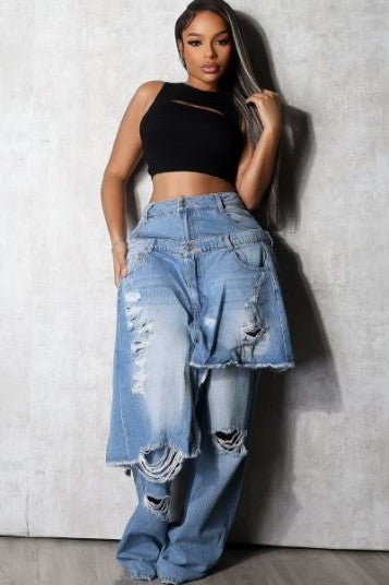 Denim Double Layer Ripped Baggy Pants