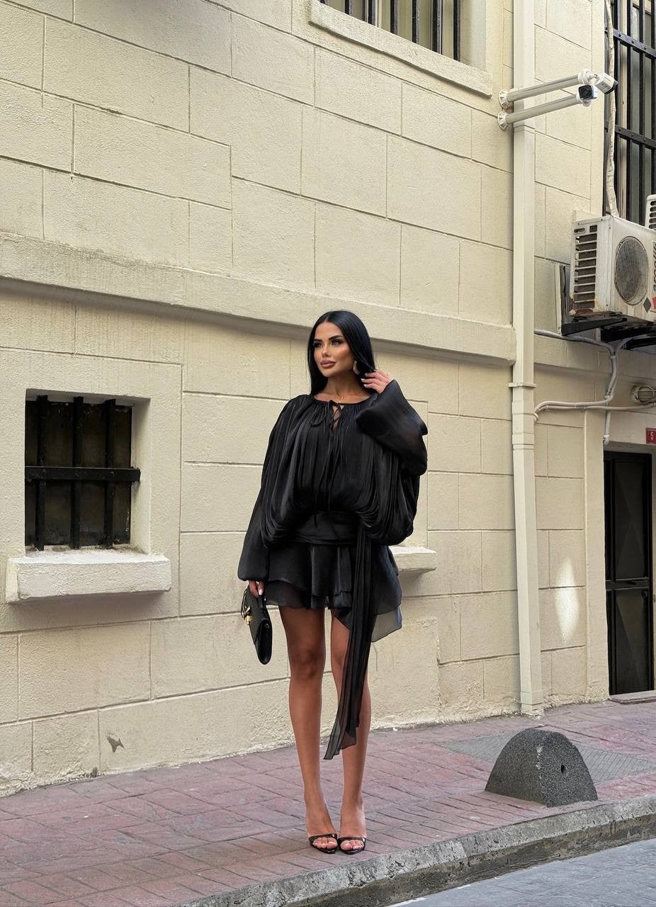 PADDED SHOULDER MINI RUFFLE DRESS