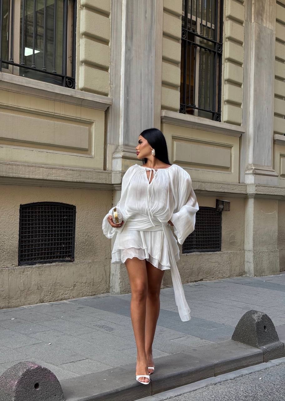 PADDED SHOULDER MINI RUFFLE DRESS