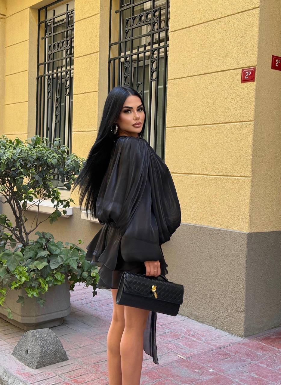 PADDED SHOULDER MINI RUFFLE DRESS