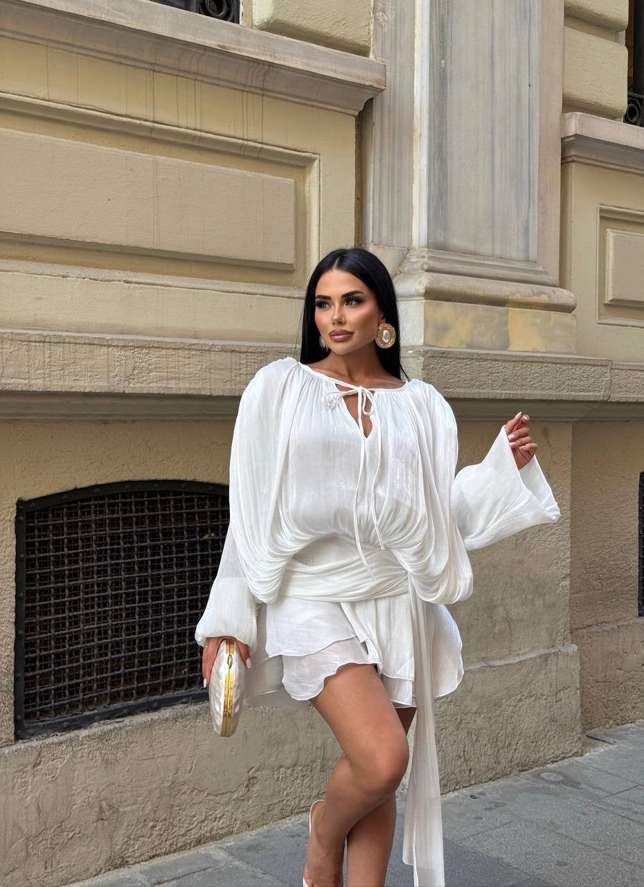 PADDED SHOULDER MINI RUFFLE DRESS