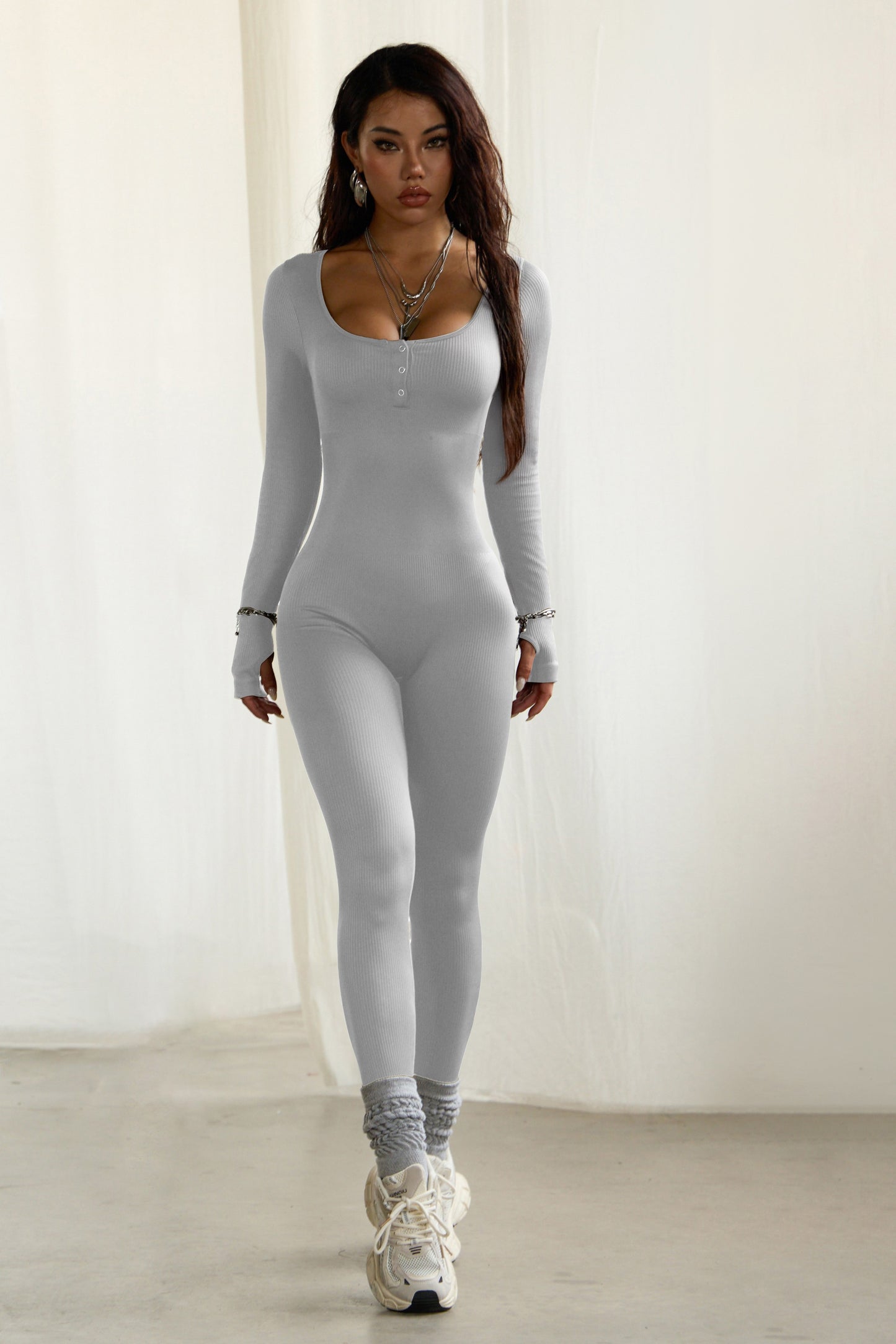 Seamless Ribbed Long Sleeve Front Button Jumpsuit