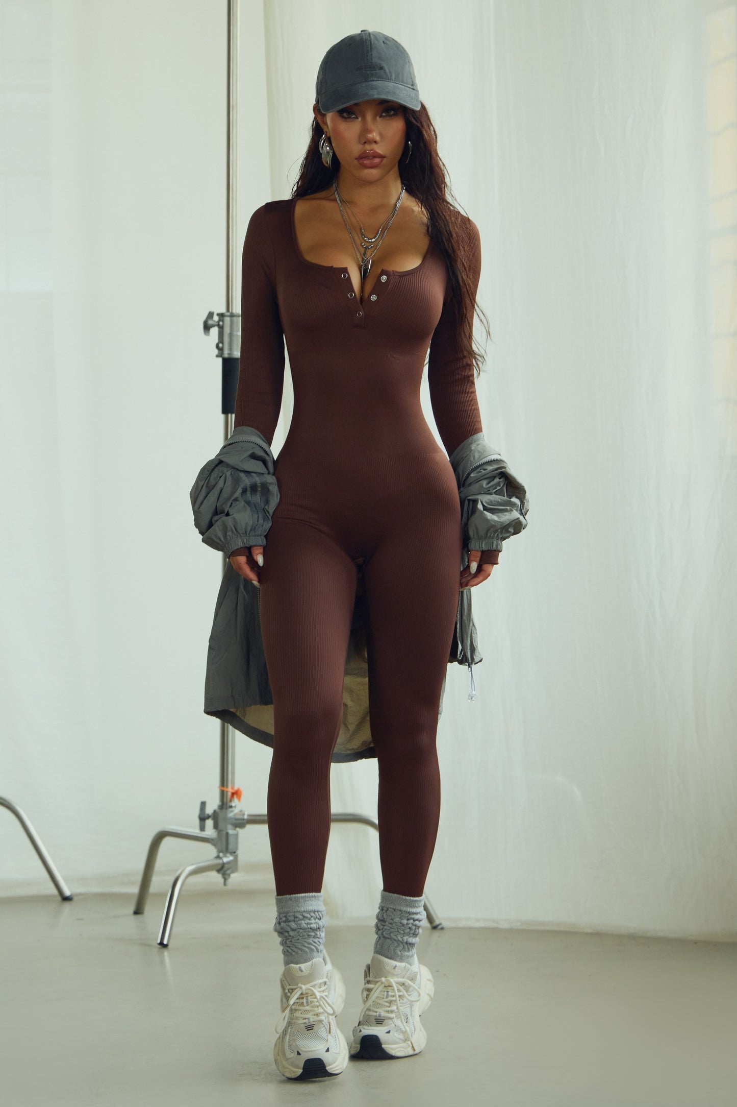 Seamless Ribbed Long Sleeve Front Button Jumpsuit