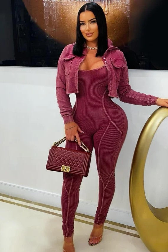 Mineral Wash Jumpsuit And Crop Jacket Set