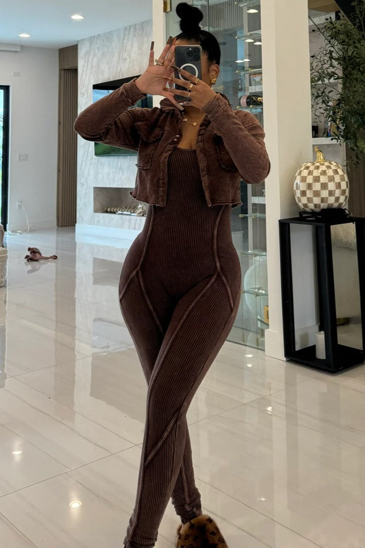 Mineral Wash Jumpsuit And Crop Jacket Set