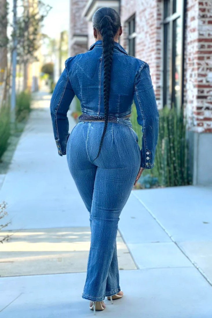 Denim Crop Top And Pants Set