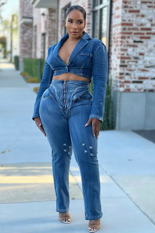Denim Crop Top And Pants Set