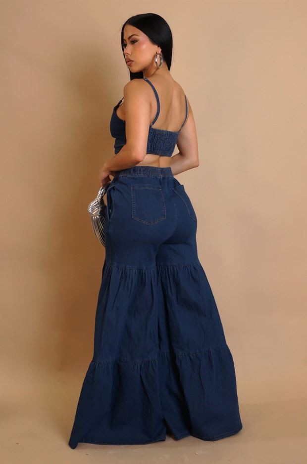 Denim Crop Top  Pants Set