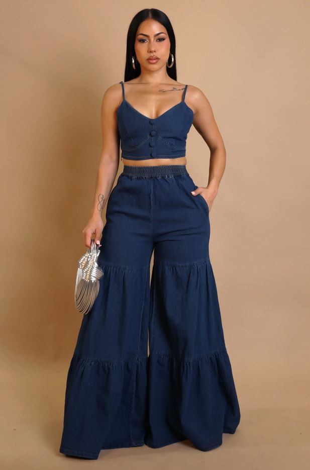 Denim Crop Top  Pants Set