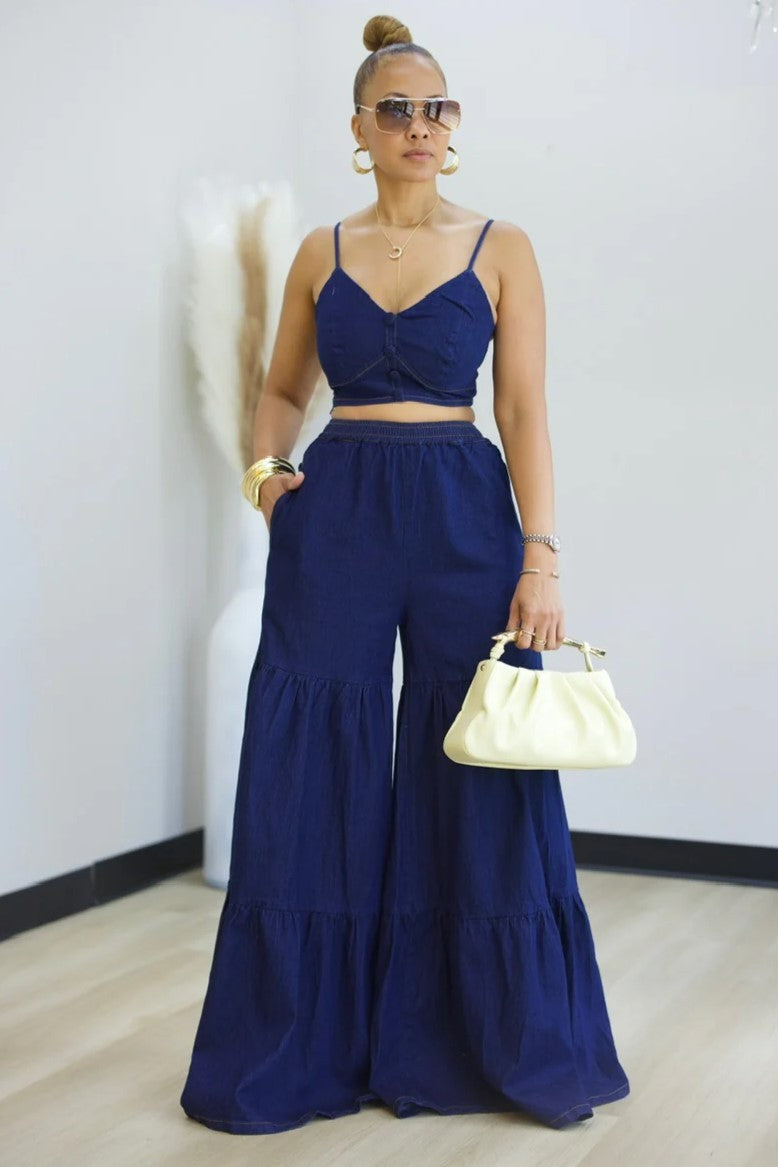 Denim Crop Top  Pants Set