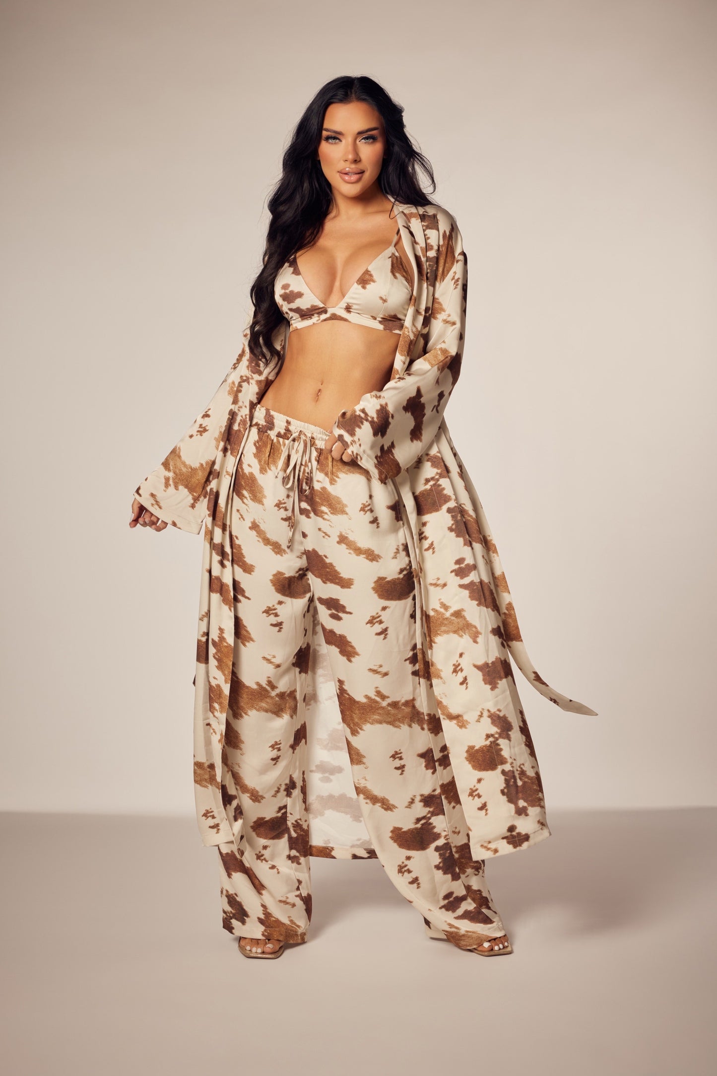 Animal Print Satin Pant Set With Duster