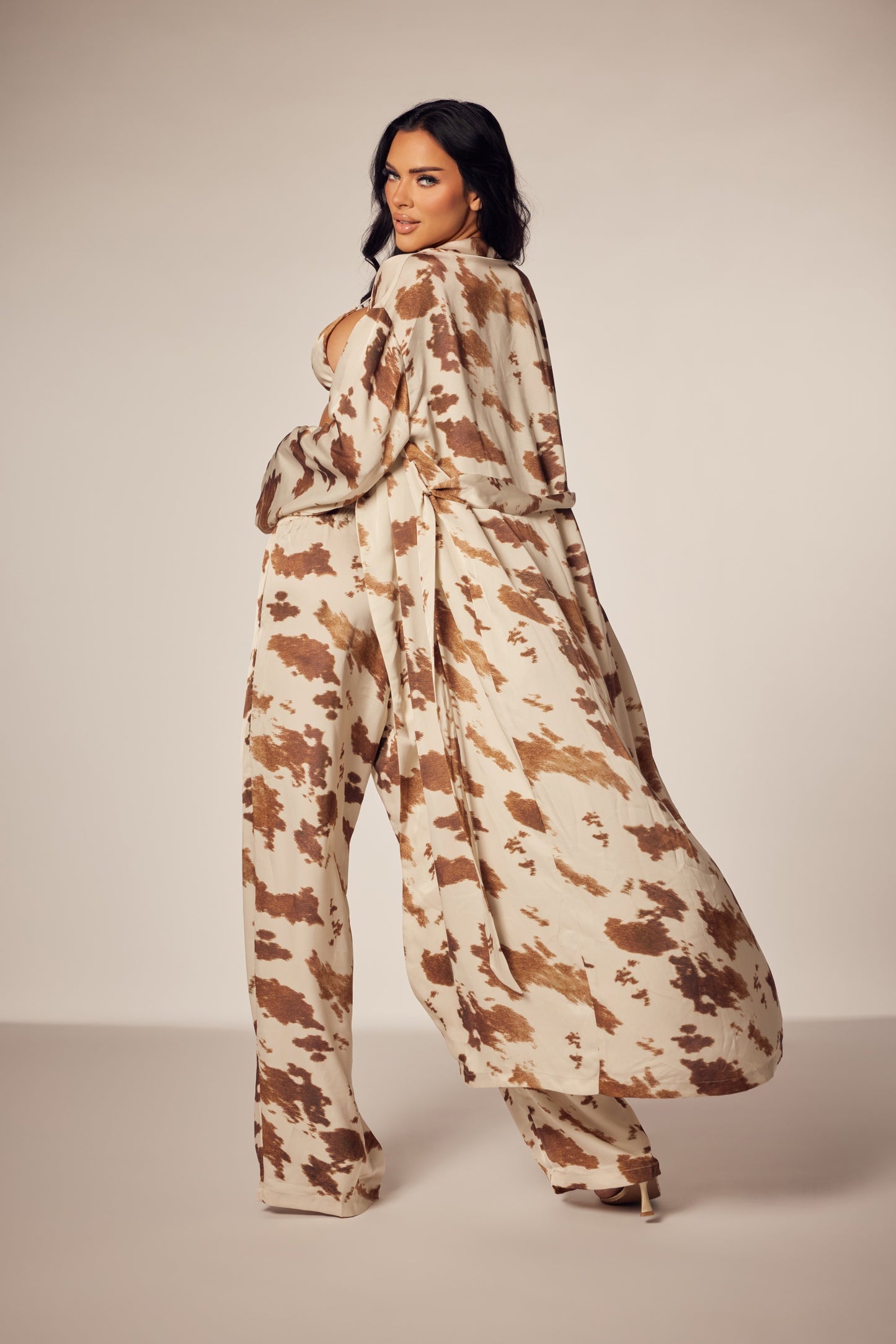 Animal Print Satin Pant Set With Duster