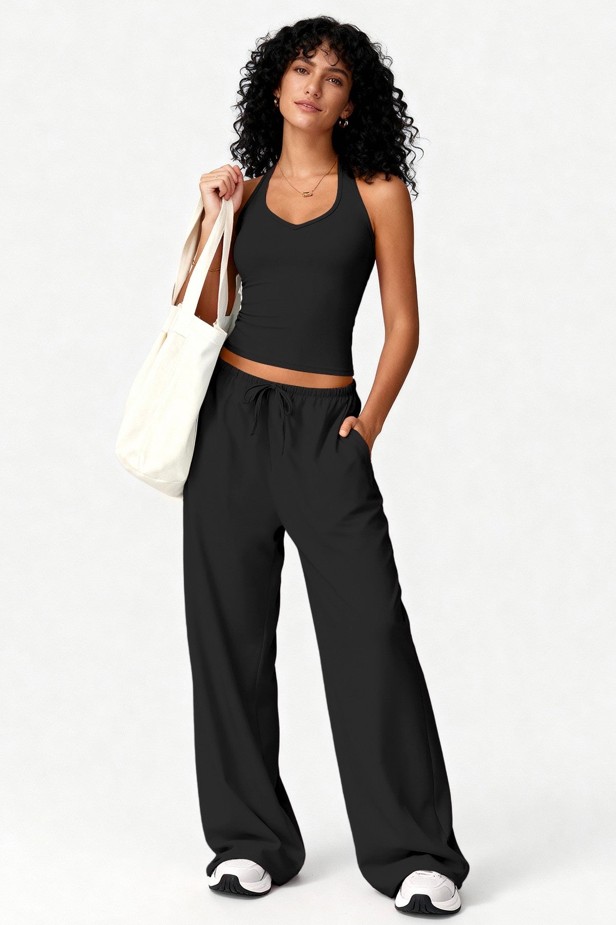 V-neck Crop Tank & Wide-leg Pants Lounge Set