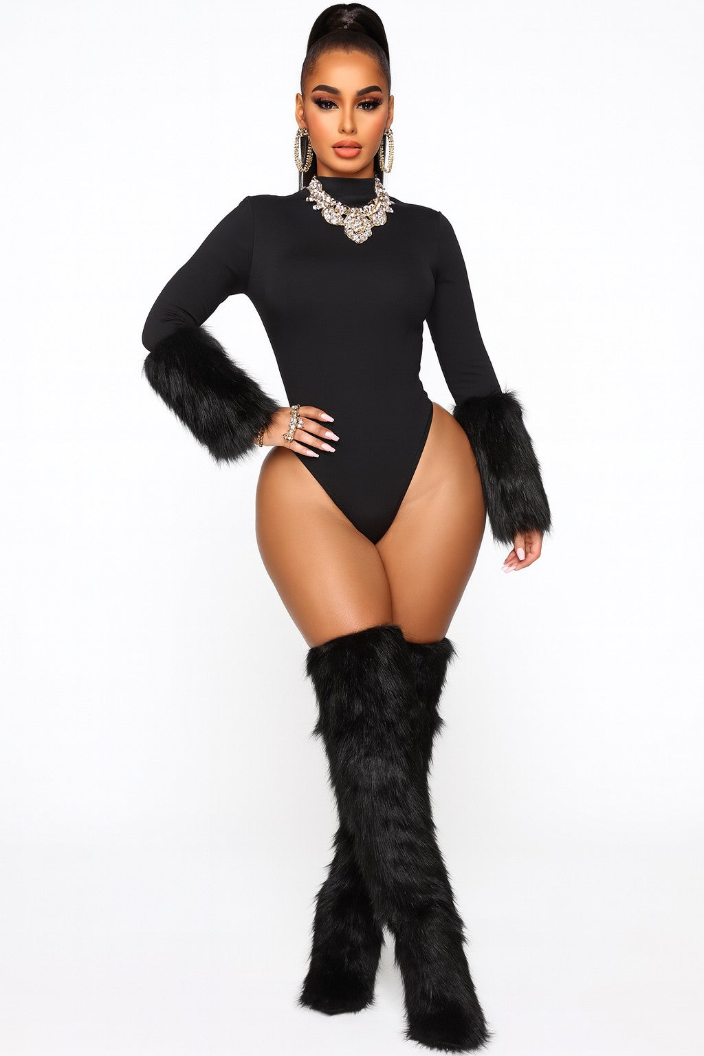 Faux Fur Cuff Bodysuit