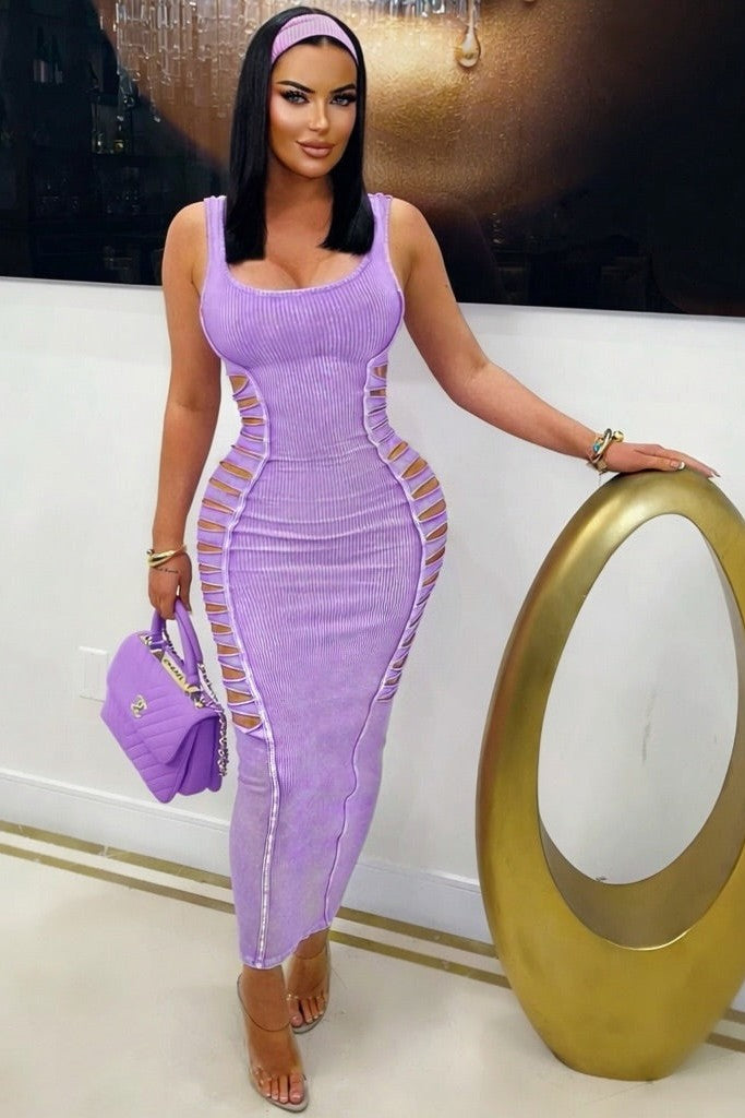 Mineral Wash Side Laser Cut Midi Dress