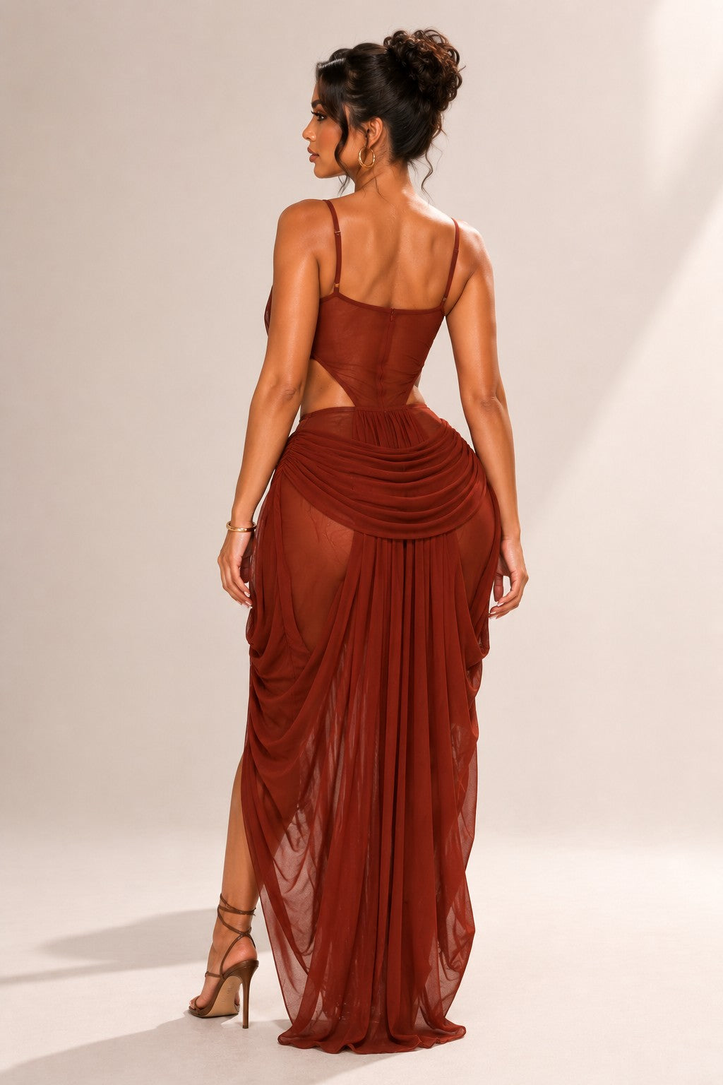Draped Cut Out Mesh Maxi Dress