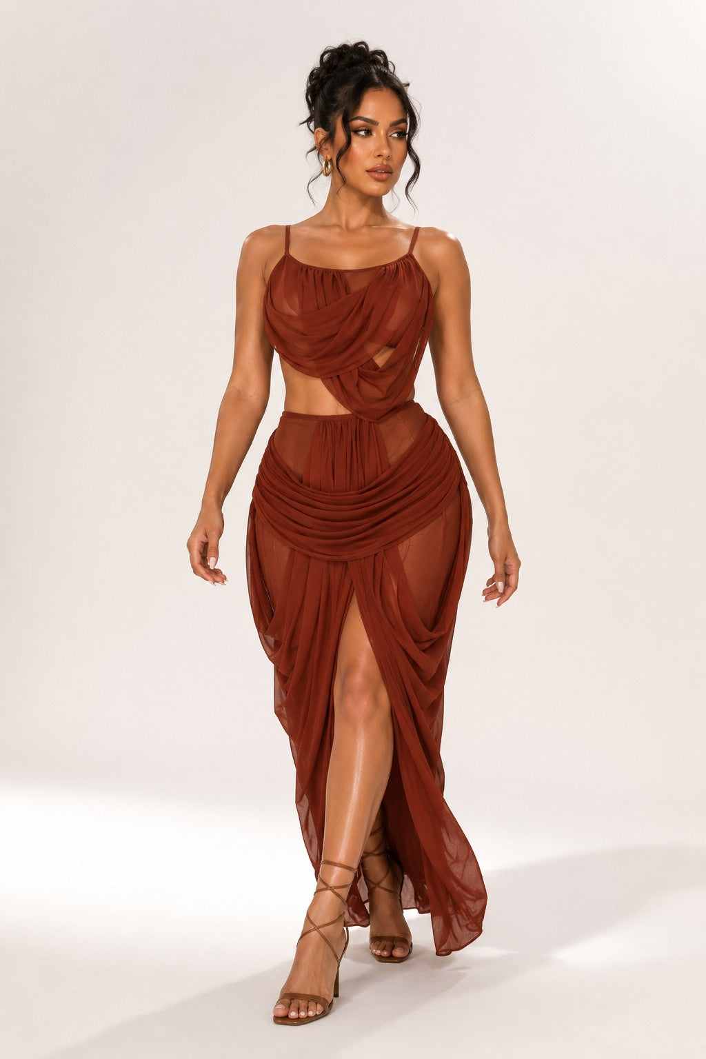 Draped Cut Out Mesh Maxi Dress