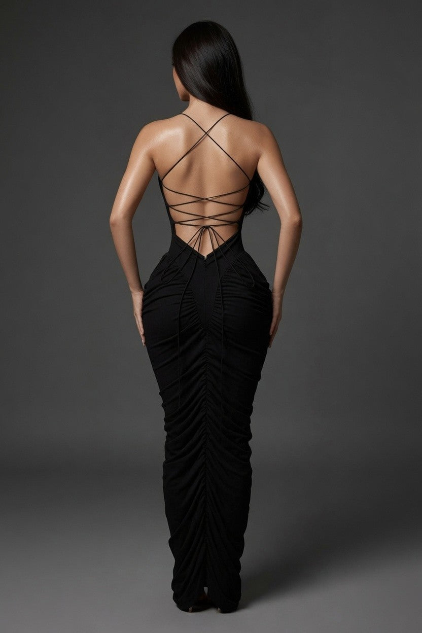 Ruched Knit Lace Up Back Maxi Dress