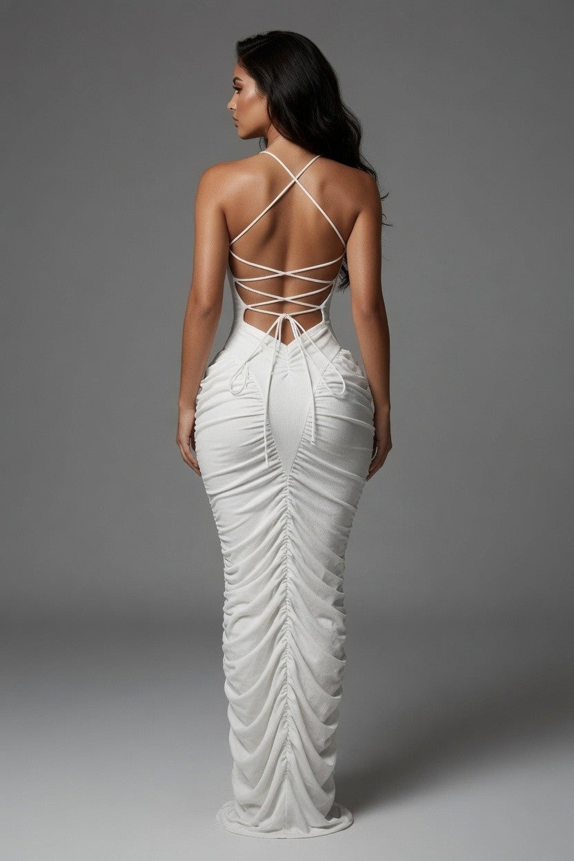 Ruched Knit Lace Up Back Maxi Dress