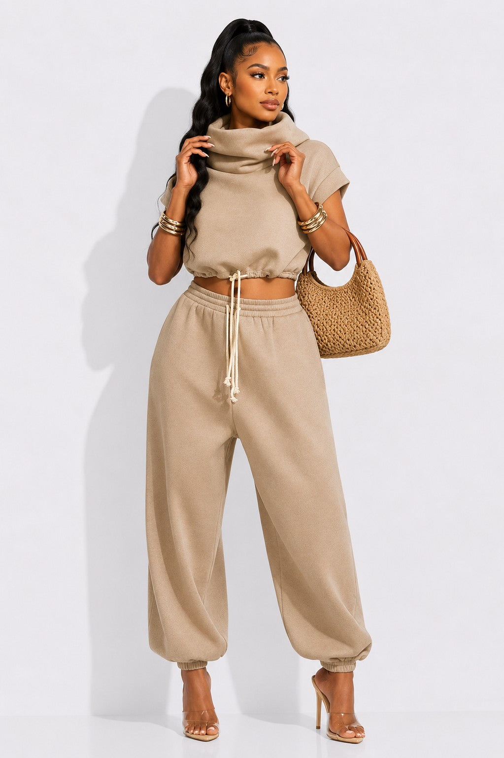 High Neck Hooded Terry Sweatshirt And Pants Set