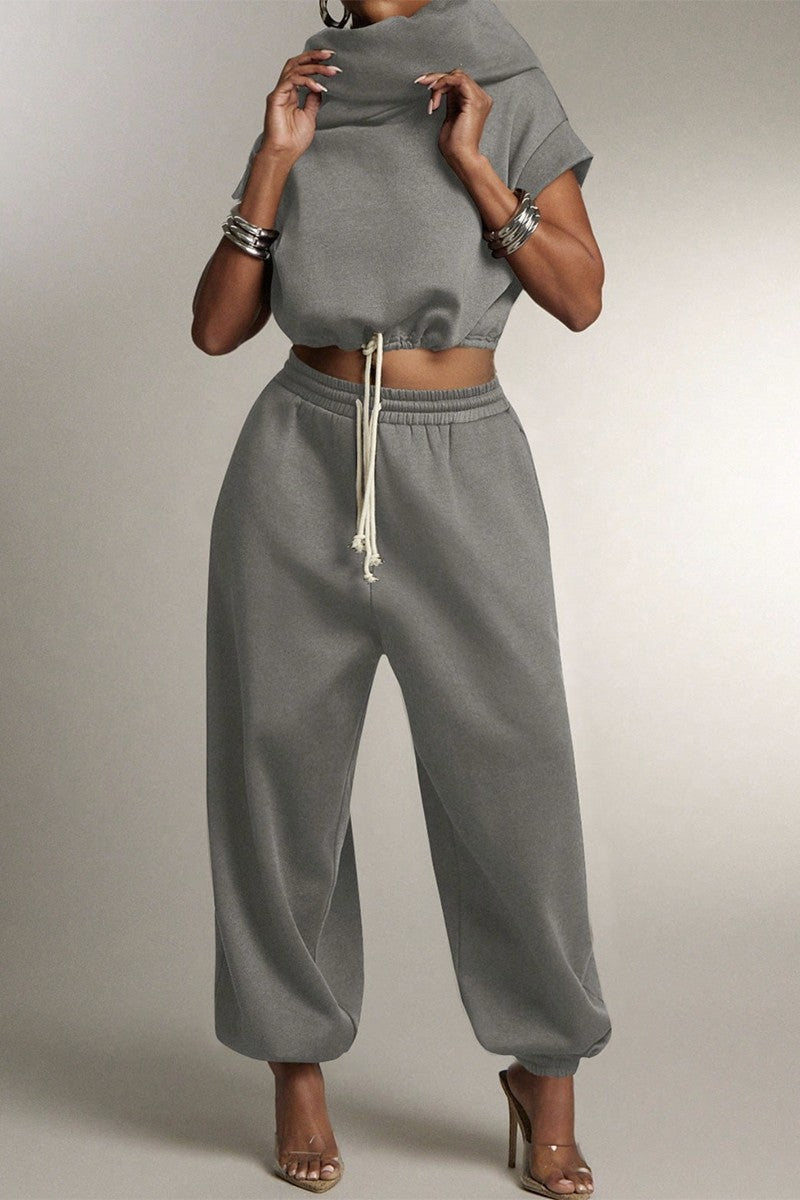 High Neck Hooded Terry Sweatshirt And Pants Set